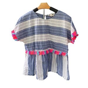 Savanna Jane Striped Tassel Top Blue White Pull Over Boho Festival Cotton Medium
